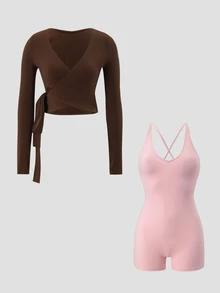 Sirith Women's Colorblock Long Sleeve Top And Shorts Casual Daily Sports Set - Multicolor - View 4