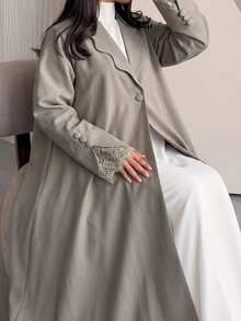Al Najma Plus Size Lapel Collar Open Front Abaya Maxi Coat Lace Cuff Trim Long Sleeve Loose Modest Fall Muslim Outerwear - Khaki - View 8