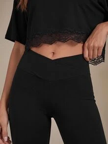 Athîral 女款蕾絲拼接上衣與長褲休閒日常居家服套裝 - 黑色 - 查看 5