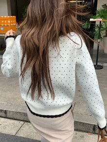 DAZY Cream White Round Neck Black Polka Dot Bow Decor Contrast Trim Loose Long Sleeve Sweet Knit Sweater - White - View 4
