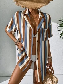 Swim Lushoire Women Solid Short Sleeve Kimono Beach Cover Up, Summer Loose Beach Shirt - Brown - View 6