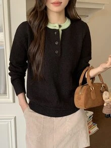 DAZY Deep Brown Round Neck Contrast Green Collar Button Half-Placket Loose Long Sleeve Casual Knit Sweater - Brown - View 7