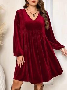 EMERY ROSE 大尺碼女款秋冬V領長袖天鵝絨蕾絲飾邊拼接紅色洋裝，秋季晚餐派對晚宴優雅修身款 - 紅色 - 查看 1
