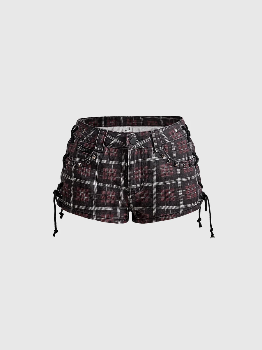 ROMWE Grunge Punk Red Plaid Print Punk Rivet Decor Sexy Women's Denim Printed Shorts - Red - View 1