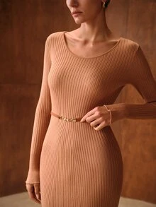 MOTF PREMIUM AUTUMN/WINTER ROUND NECK RIBBED KNIT SWEATER DRESS - Khaki - View 2