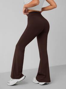 SHEIN PETITE 女款純色極簡高腰喇叭長褲，適合日常穿著 - 咖啡棕 - 查看 2
