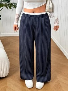 SHEIN EZwear Plus Size Women's Striped Wide Leg Loose Casual Suit Pants - Blue and White - View 1