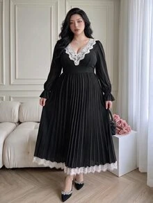 Vibekara Plus Size Women's Lace Patchwork Pleated Elegant Waist-Cinching Party Dress Fall - Black - View 3