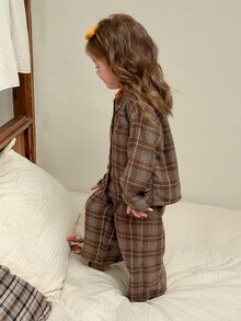 Dazy Kids Infant (Girl) Plaid Collar Long Sleeve Shirt And Long Pants 2 Pieces Set Loungewear Fall - Coffee Brown - View 7