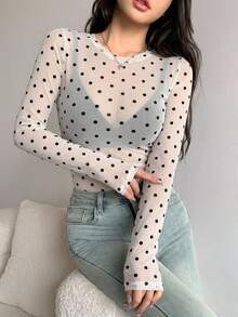 DAZY 女款透視蕾絲圓領修身套頭T恤上衣 秋季 - 白色 - 查看 7