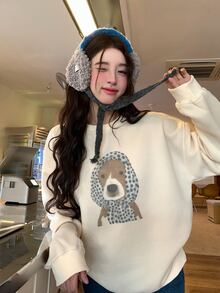 DAZY Women's Round Neck Cartoon Dog Headscarf Korean Style Spring Summer Short Sleeve T-Shirt Fall - Grey - View 7