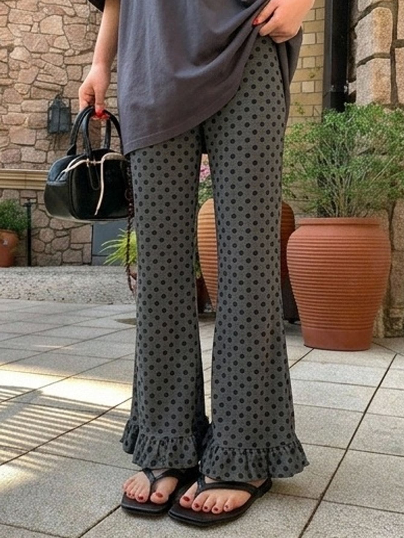 Women's Gray Polka Dot Print High Waist Ruffle Hem Flared Loose Casual Long Pants For Daily Wear Fall