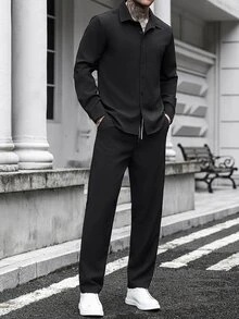 Manfinity CasualCool 男士純色長袖襯衫與長褲休閒日常穿搭 - 黑色 - 查看 5