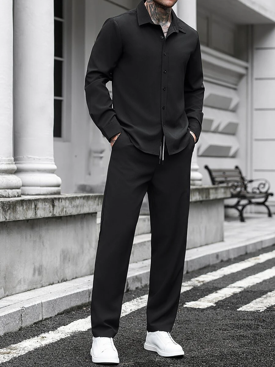 Manfinity CasualCool Men's Solid Color Long Sleeve Shirt And Long Pants Casual Daily Outfit - Black - View 1