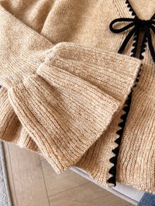 Muvela 女款復古優雅貝殼刺繡前綁帶針織開襟衫 - 卡其色 - 查看 4