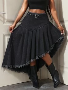 Slaydiva Women's Frayed Hem Casual Daily Denim Skirt - Black - View 4