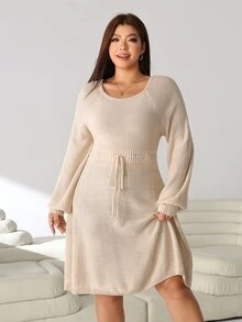 Solflare Plus Size Women Solid Color Round Neck Raglan Long Sleeve Waist Tie Knit Dress - Apricot - View 3
