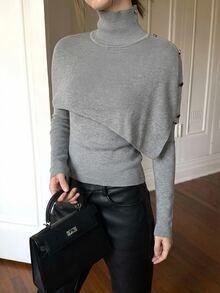 Firerie Women's Solid Color High Neck Long Sleeve Button Design Asymmetrical Sweater - Dark Grey - View 9