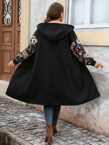 EMERY ROSE Plus Size Women's Floral Print Drop Shoulder Long Sleeve Zipper Front Thermal Lined Hooded Jacket - Black - View 2