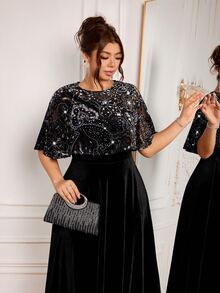 Modelyn Elegant Velvet Patchwork Silver Print Round Neck Cinched Waist A-Line Regular Fit Plus Size Dress For Spring And Autumn - Black - View 6