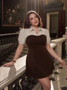 SHEIN MOD 大尺碼藍白條紋拼接黑色優雅通勤 2合1西裝洋裝 - 鏽棕色 - 查看 4