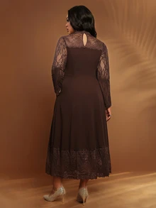 BrightlyHer Plus Size Solid Brown Lace Patchwork Stand Collar Long Sleeve Belted Elegant Dress Autumn 2026 Formal Dinner Evening - Brown - View 2