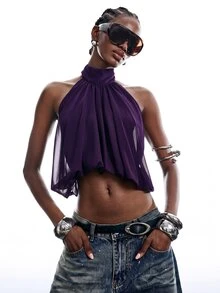 LYSMO Women's Casual Deep Purple Cropped Fashion Halter Neck Tank Top - Purple - View 1