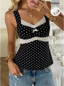CovetEZ Women's Contrast Lace Bowknot Decor Polka Dot Print Tank Top - Black and White - View 4