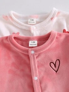 2pcs Newborn Soft Cozy Silver Fox Fleece Heart Print Pink Heart Embroidered Long Sleeve Button-Up Footed Rompers - Multicolor - View 4