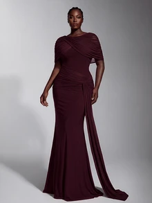 Elitara Elegant Romantic Elastic Knit Mesh Ruched Twisted Drape Design Jacket Sleeve Fishtail Skirt Suitable For Wedding Events, Bachelor Party, Vacation, Dance, Holiday Party, Graduation Season, Evening Gown Dress - Khaki - View 1