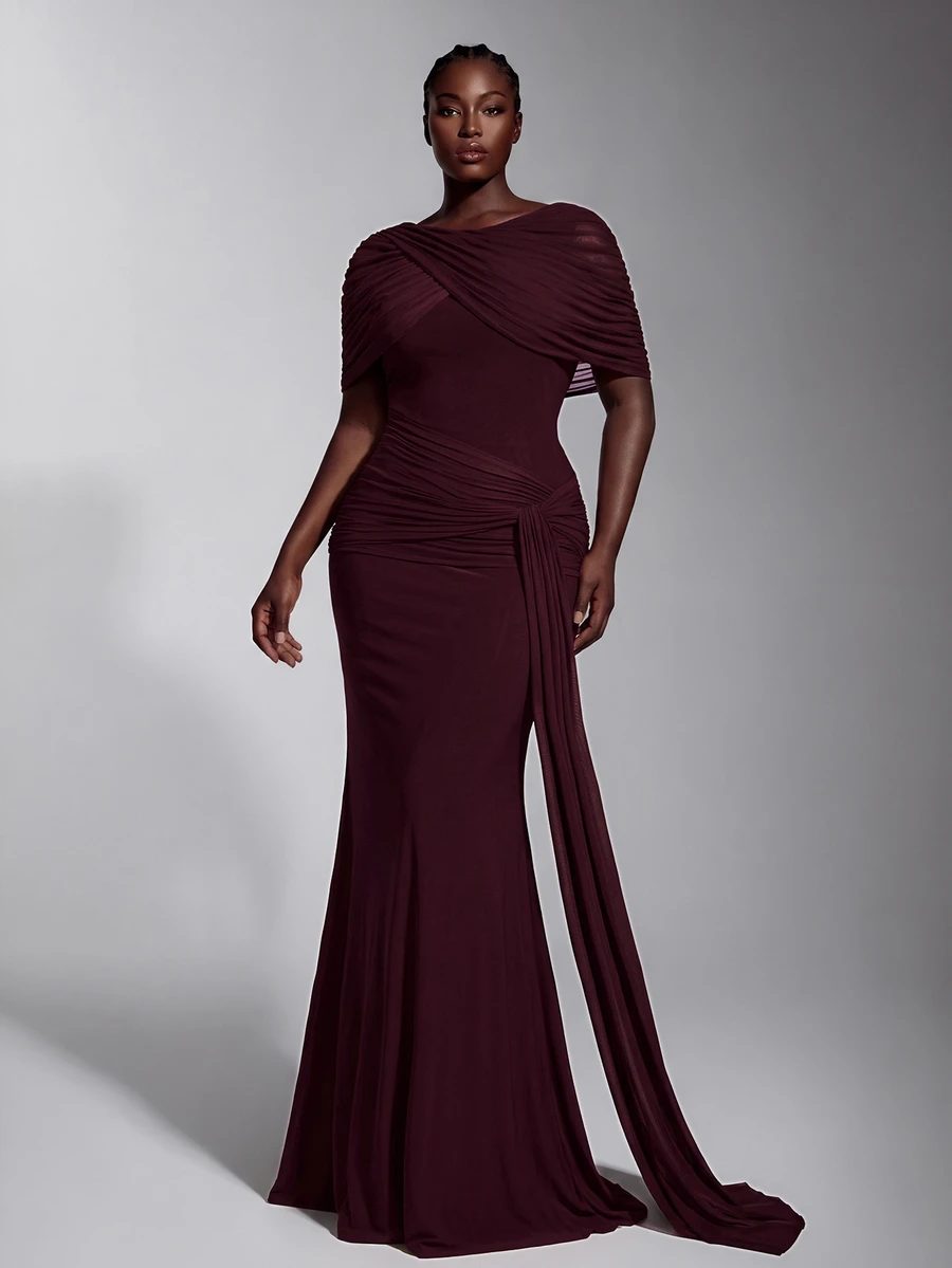Elitara Elegant Romantic Elastic Knit Mesh Ruched Twisted Drape Design Jacket Sleeve Fishtail Skirt Suitable For Wedding Events, Bachelor Party, Vacation, Dance, Holiday Party, Graduation Season, Evening Gown Dress - Khaki - View 1