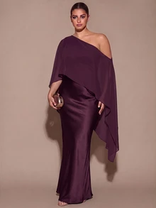 SHEIN BAE CURVE 大尺碼女款優雅長版不對稱單肩洋裝 - 紫色 - 查看 5