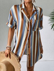 Swim Lushoire Women Solid Short Sleeve Kimono Beach Cover Up, Summer Loose Beach Shirt - Brown - View 4