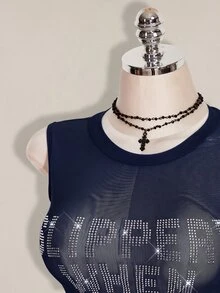 SHEIN ICON 大尺碼 Y2K 夏季黑色性感透視網紗水鑽亮片露背修身背心（附水鑽字母裝飾） - 藏蓝色 - 查看 6