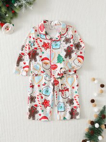 SHEIN 中性嬰兒男/女童 幼兒 2件組可愛聖誕睡衣居家服套裝 冬季聖誕睡衣套裝 - 杏色 - 查看 1
