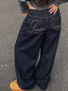 Dazy Plus Plus Size Letter Rhinestone Decor Casual Button Pocket Denim Jeans - Dark Wash - View 7