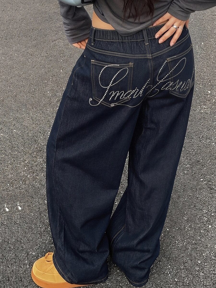 Dazy Plus Plus Size Letter Rhinestone Decor Casual Button Pocket Denim Jeans - Dark Wash - View 1
