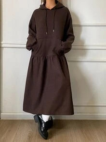 DAZY Dark Brown Hooded Drawstring Long Sleeve Patchwork Loose Fit Casual Mid-Length Dress, Versatile For Autumn/Winter - Brown - View 6