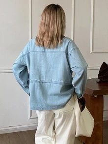 DAZY Light Blue Lapel Single-Breasted Snap Button Large Pocket Loose Long Sleeve Casual Daily Denim Jacket Fall - Blue - View 2