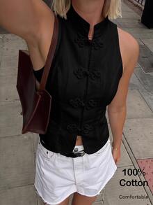 Opulessa Women's Solid Color Woven Cold Shoulder Fitted Tank Top For Vacation - Black - View 1