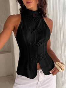 Opulessa Women's Solid Color Woven Cold Shoulder Fitted Tank Top For Vacation - Black - View 4