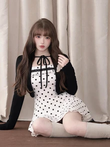 FRIFUL Women's French Polka Dot Print Bandeau Dress With Long Sleeve Cardigan 2 Pieces Set Fall - Black - View 1