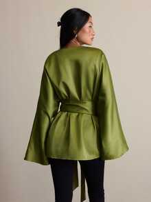 COSMINA Women's Solid Color Casual Versatile Daily Long Sleeve Shirt - Army Green - View 5