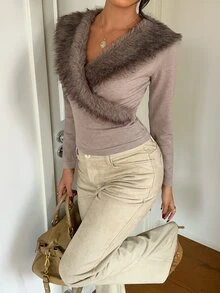 Aloruh Women's Autumn/Winter Khaki Fur Collar Sweater, Warm Slim Fit Sweater Going Out Tops Cropped Top Long Sleeve Sweaters Women's Sweater - Khaki - View 5