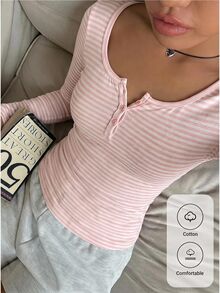CovetEZ 女款條紋休閒長袖T恤，適合日常穿著 - 粉色 - 查看 1