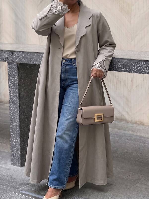 Al Najma Plus Size Women's Woven Khaki Long Sleeve Lace Trim Peter Pan Collar Straight Fit Elegant Romantic Arabic Abaya Coat