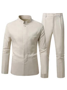 Manfinity Mode Men's Solid Color Long Sleeve Jacket And Pants Casual Suit Set - Beige - View 7