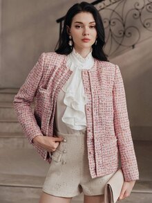 Anewsta Women's Faux Pearl Decor Fashion Versatile Long Sleeve Jacket - Pink - View 5