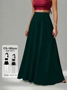 SHEIN Tall 女款純色斜口袋實用優雅簡約通勤辦公A字傘裙S - 墨綠色 - 查看 3