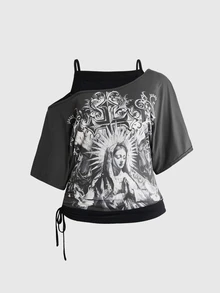 ROMWE Grunge Punk 復古音樂節派對骷髏紮染印花寬鬆不對稱露肩 2 合 1 大尺碼 T 恤 - 深灰色 - 查看 1